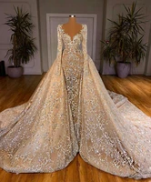2022 champagne lace wedding dresses with detachable train long sleeves beaded bridal gowns dubai custom made robes de mari%c3%a9e