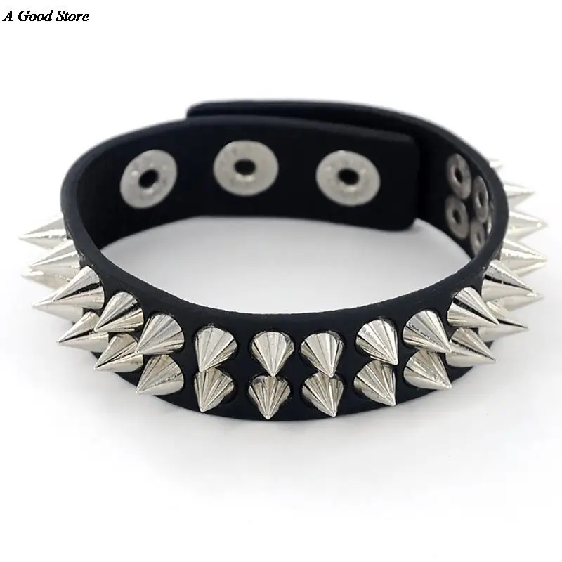 

Gothic Delicate Cuspidal Spikes Rivet Cone Stud Cuff Black Leather Bracelets & Bangles Punk Bracelet For Women Men Jewelry