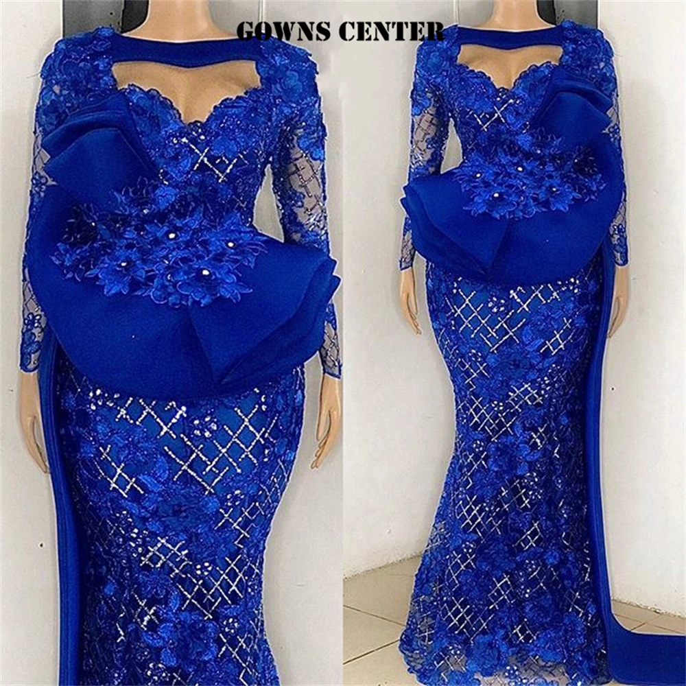 Aso Ebi Royal Blue Evening Dresses Long Sleeve Nigerian Mermaid Prom Dress With Cape African Formal Gowns Dinner Gown For Ladies