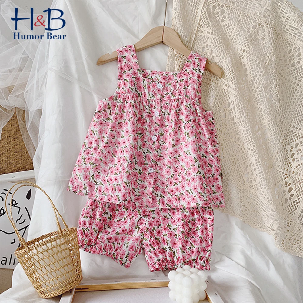 

Комплект одежды Humor Bear для девочек, летняя Новинка, футболка без рукавов с цветочным принтом + шорты, 2 шт., детская одежда
