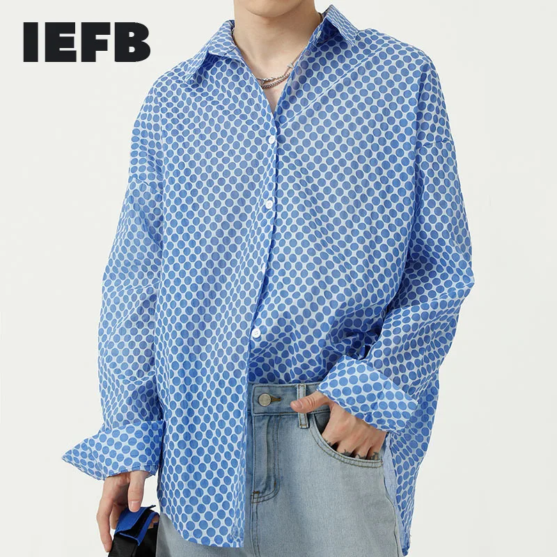 

IEFB Men's Clothing Autumn New Korean Trend Simple Shirt Blue Green White Dot Pattern See Through Sunscreen Clothing Laepl Tops