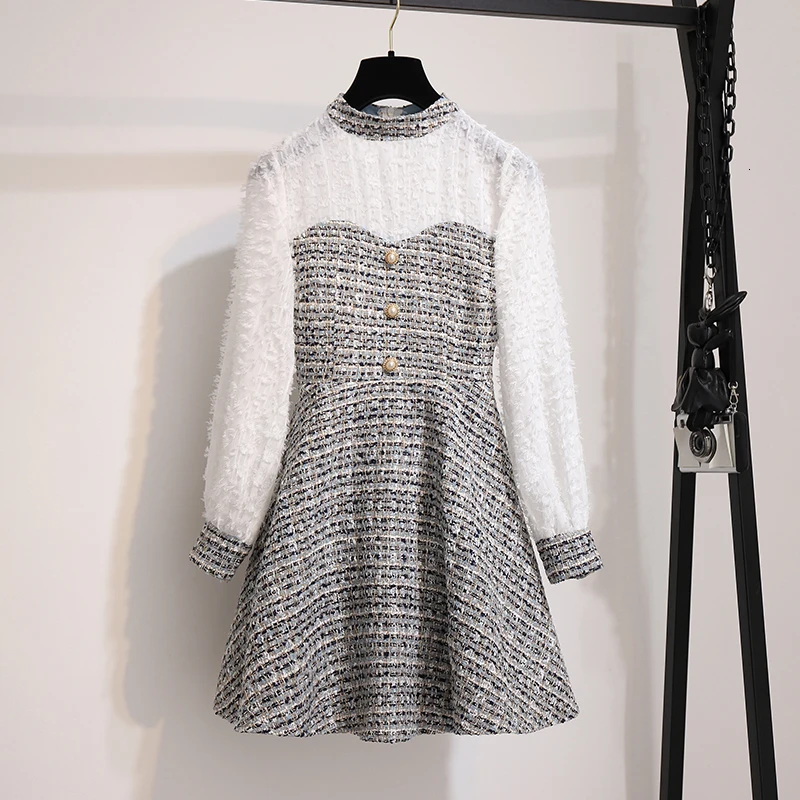 Женское винтажное платье с бахромой белое клетчатое твидовое платье-трапеция