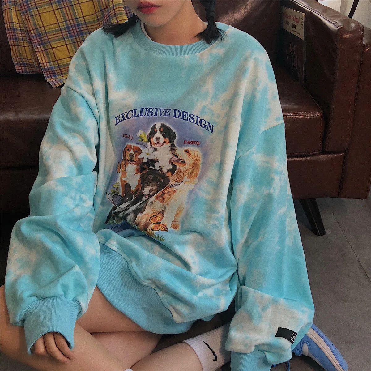 Женский винтажный пуловер с принтом свободный Свитшот оверсайз длинным рукавом