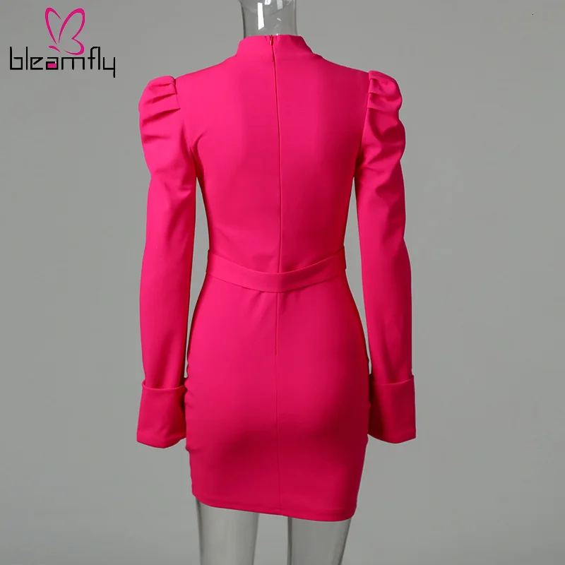 Для женщин воздушный рукав с манжетами на пуговицах облегающее мини платье