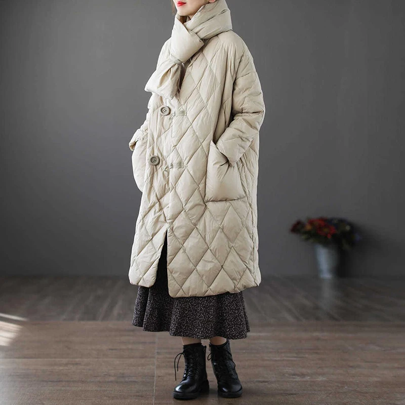 

Ailegogo Winter Women Thick Warm 90% White Duck Long Parkas with Scarf Casual Female Pocket Loose Down Coat Snow Outwear