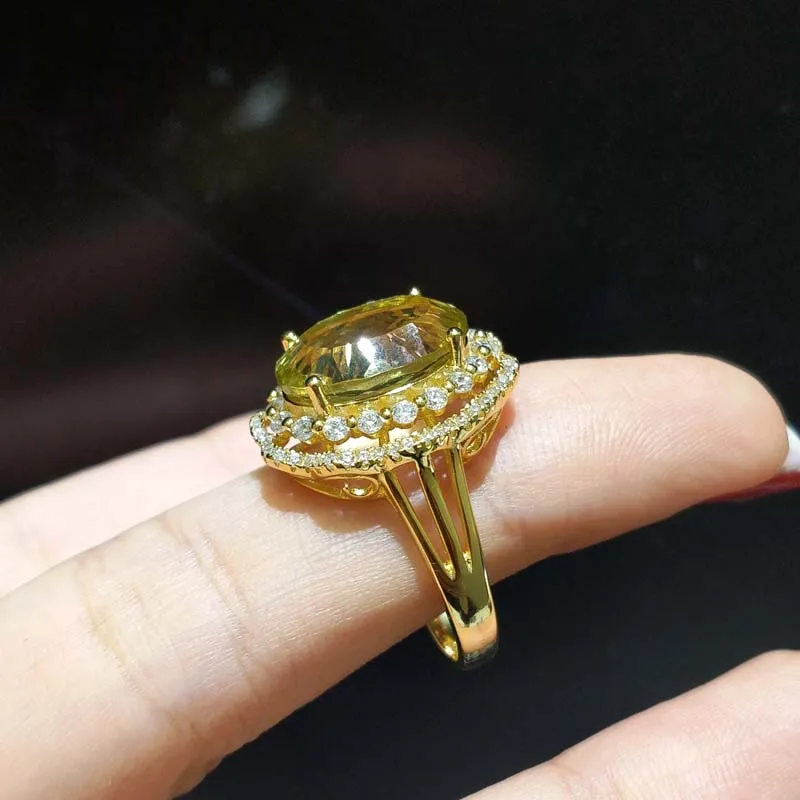 FLZB, натуральный lemon кварцевые OV 10*14 мм 8.5ct в 925 стерлингового серебра с 18 карат желтое позолоченное кольцо с овальной вставкой из kольцо в форме цветка для женщин вечерние