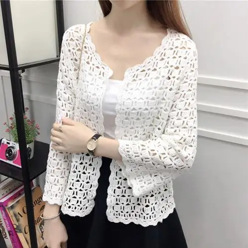 2019 осень лето вязание крючком белая кружевная блузка Женская мода Топы