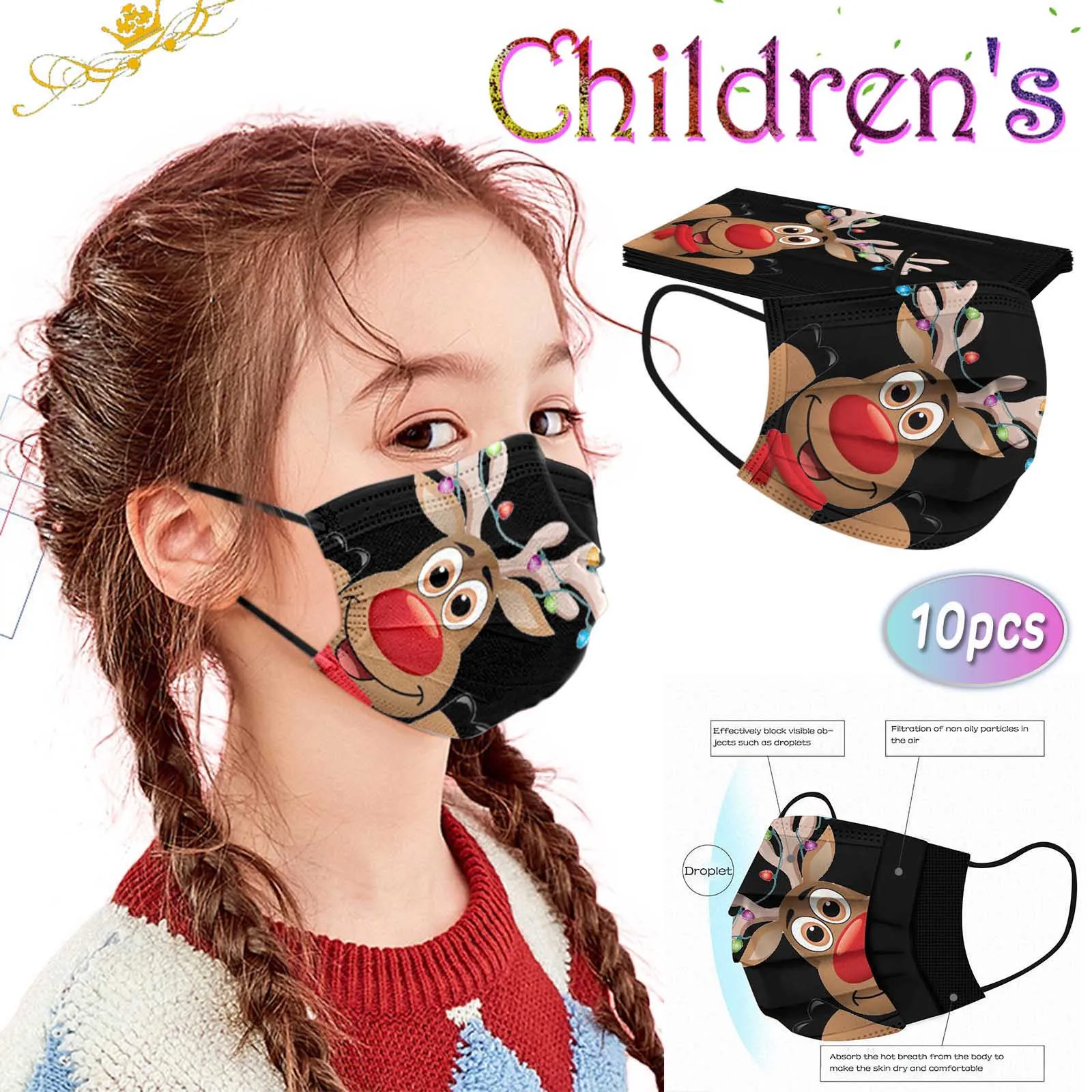 

10pcs Children's Merry Christmas Elk Black Masks Disposable Face Mask Industrial 3ply Earloop Bandage Nonwoven Mouth Masks