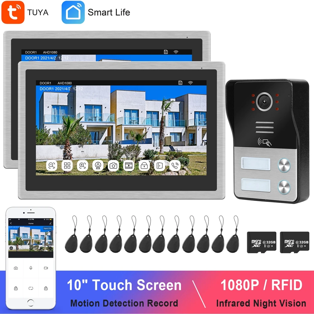 

WI-FI видео домофон 2/3/4 квартиры TUYA Smart дверное переговорное устройство Системы Home 10 дюймов сенсорный экран Экран RFID видео дверной звонок Каме...