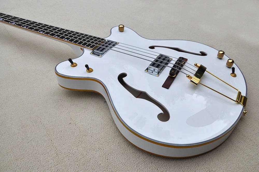 Semi Hollow 4 Strings White Body Electric Bass Guitar with Gold Hardware Provide Customized Service |