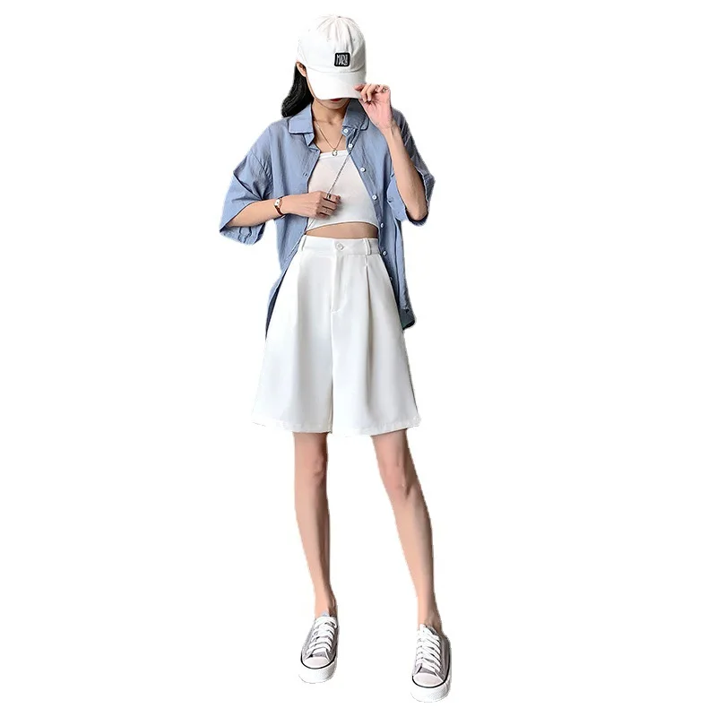

WANYUCL white suit shorts women's casual wide-leg spring and summer thin section high-waist thin pants loose five-point pants