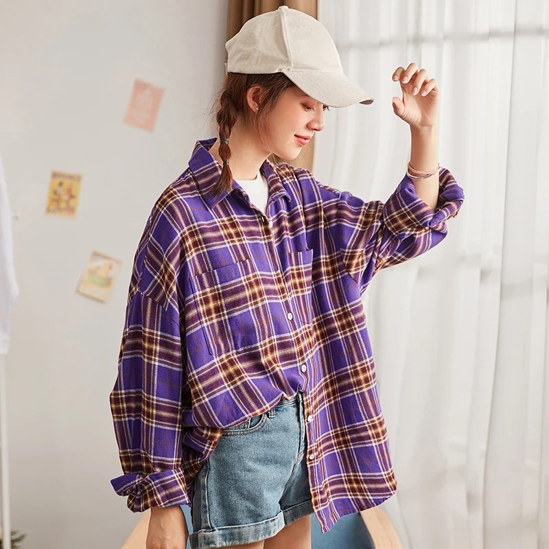 Фиолетовая клетчатая рубашка для женщин осенняя Свободная с длинным рукавом хип