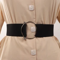 newest women wide waist belt silver round metal buckle elastic cummerbunds dress accessories black stretch waistband coat lady