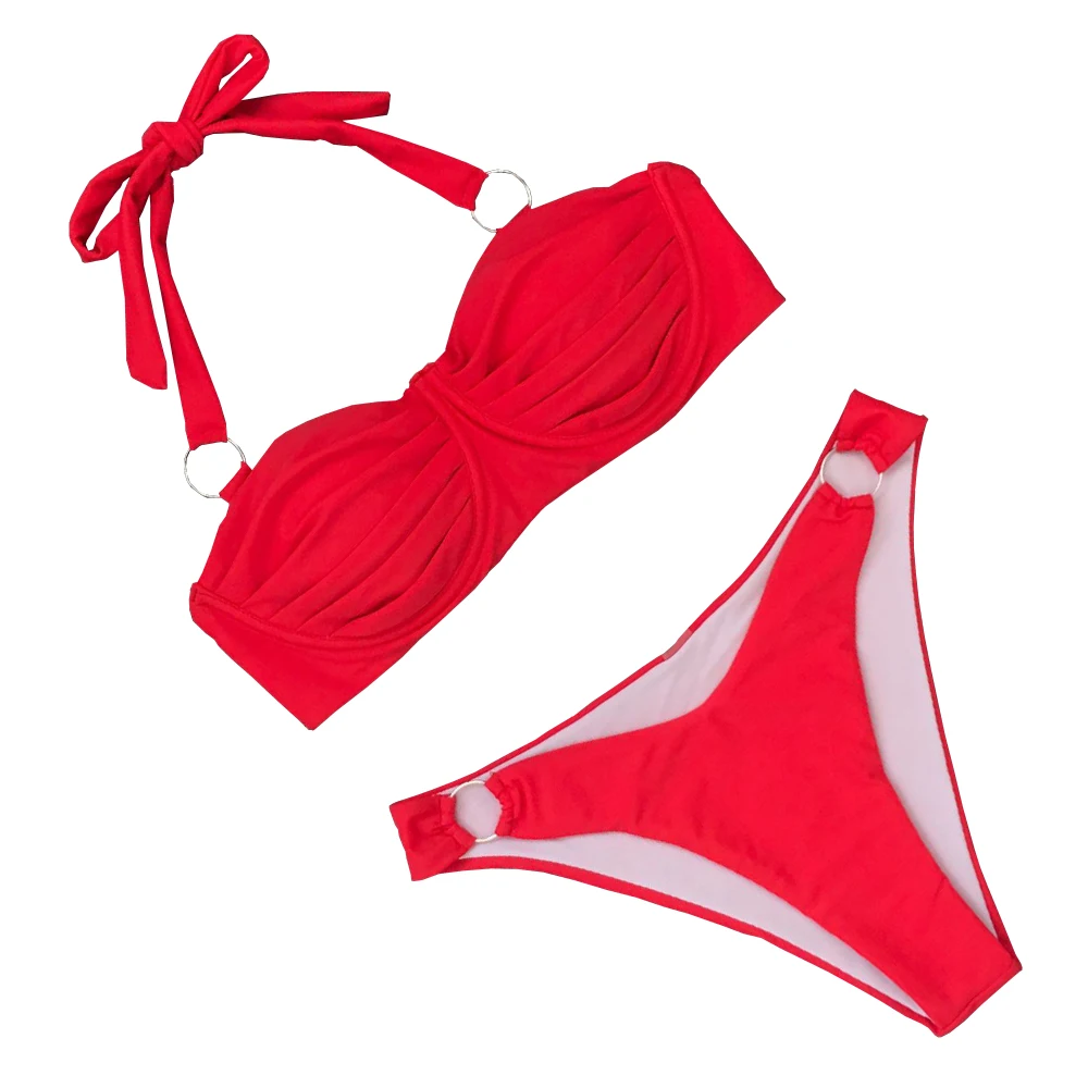 Плиссированный купальник однотонный комплект бикини сексуальный пуш-ап 2020