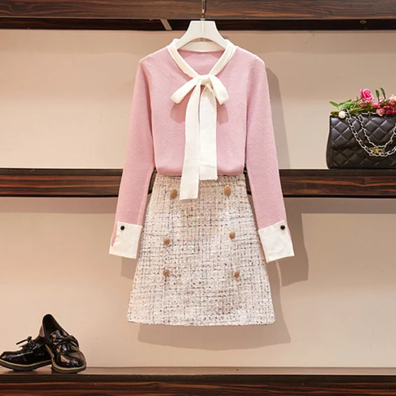 Женский костюм из двух предметов элегантный трикотажный топ с воротником бантом