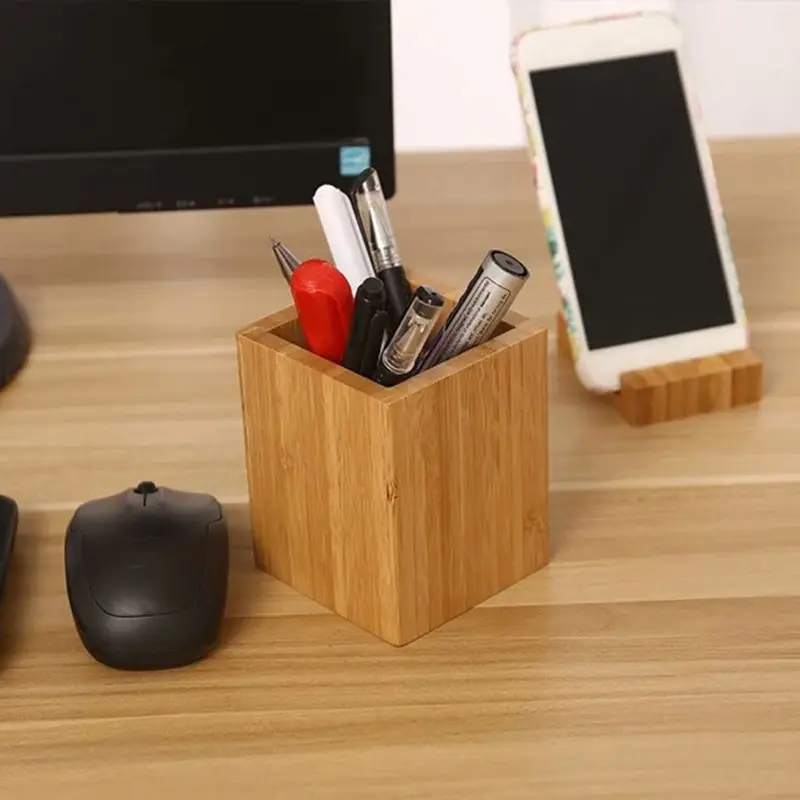 

Bamboo Pen Pencil Holder Makeup Brush Storage Office Stationery Square Organizer