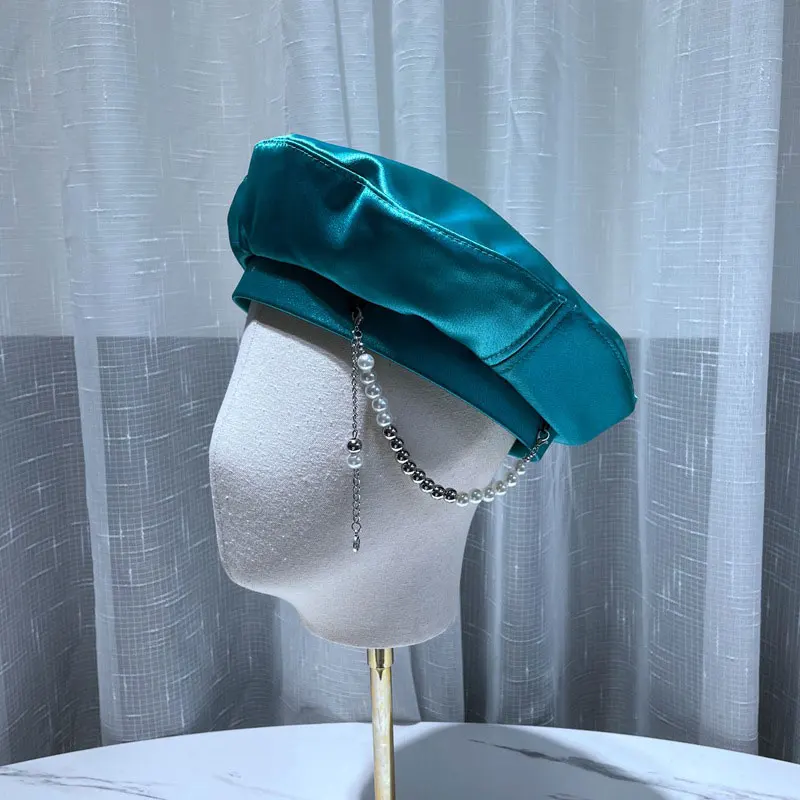 

Early Summer New Satin Berets For Women Pearl Chain Korean Fashion Cute Painter Hat Girls Personality
