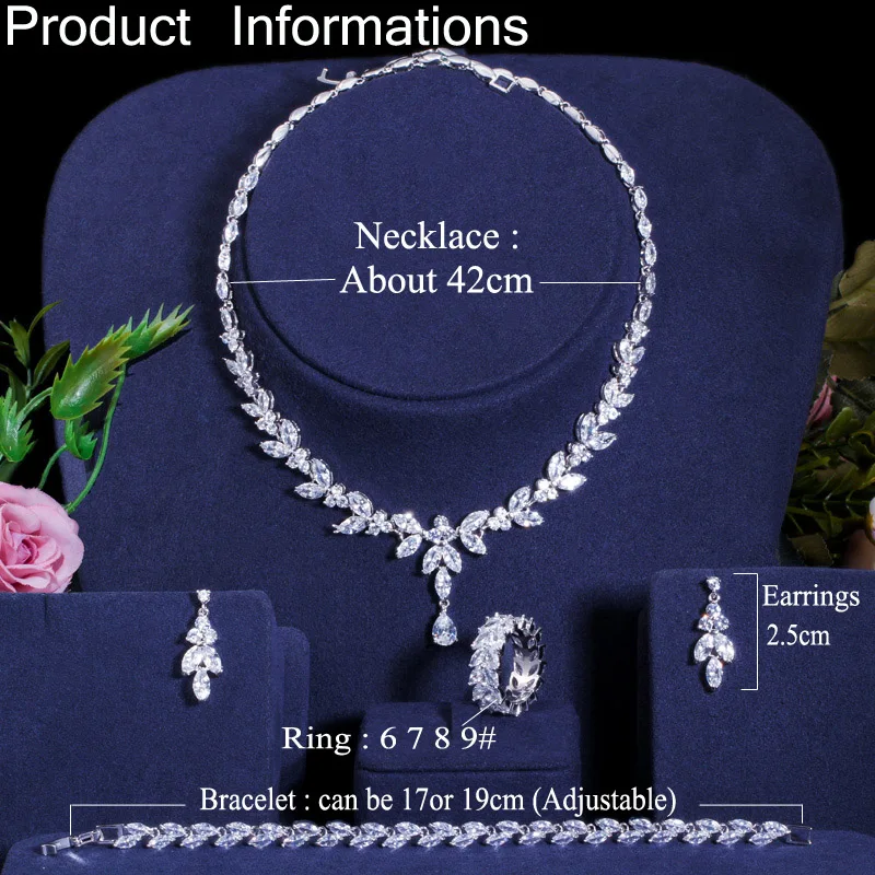 

CWWZircons 4Pcs Brilliant Cubic Zircon Necklace Earrings Ring and Bracelet Wedding Bridal Jewelry Sets Dress Accessories T344