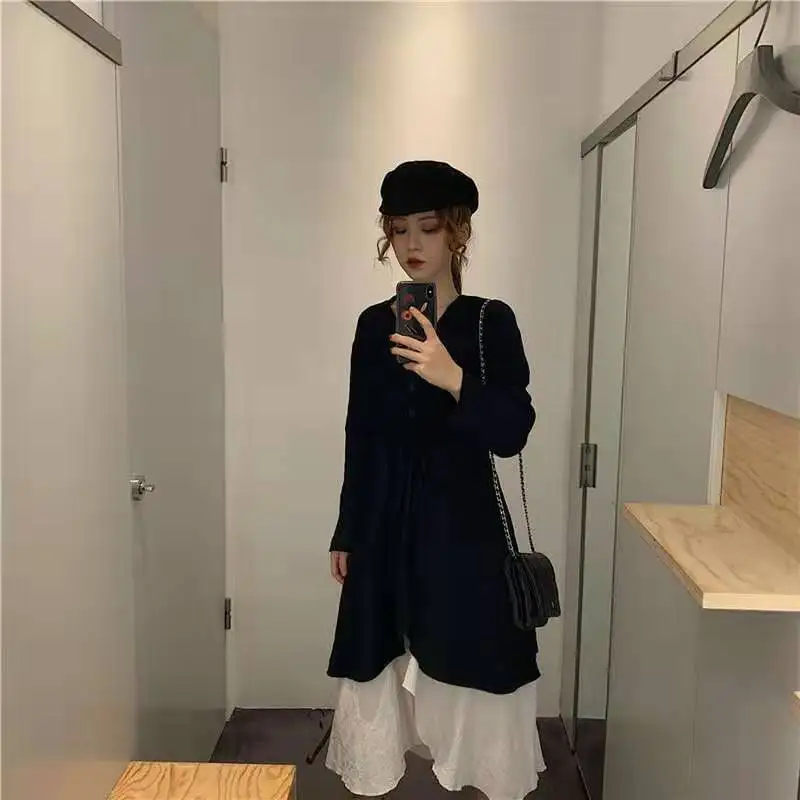 Женское длинное платье трапециевидной формы черное платье-двойка с длинными