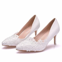 womens thin high heels sexy women pumps wedding party banquet lace pu slip on 7 5cm pointed toe women shoes size 35 42 white