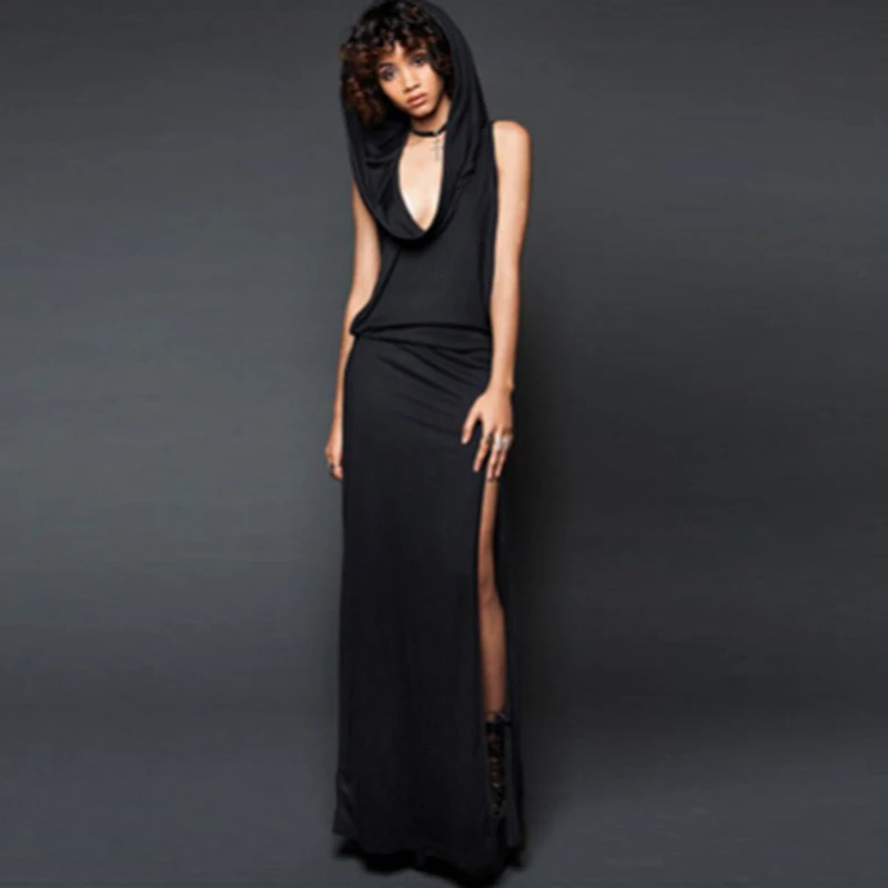 Черный Imily Bela Vintage Hooded Maxi Dress Women Sexy Sleeveless Side Slit Split Bodycon Long Dress Femme Rome Open Side Vestidos - Цвет: Черный