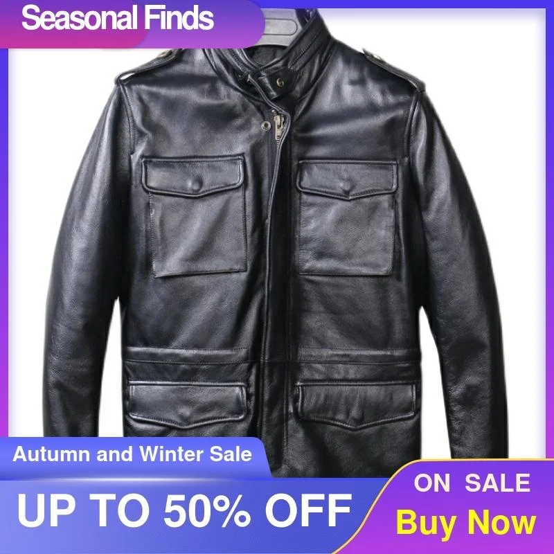 

Black 2021 Hood Genuine Leather Jacket Men Safari Style Plus Size 5XL Real Natural Cowhide Winter Thick Warm M65 Coat
