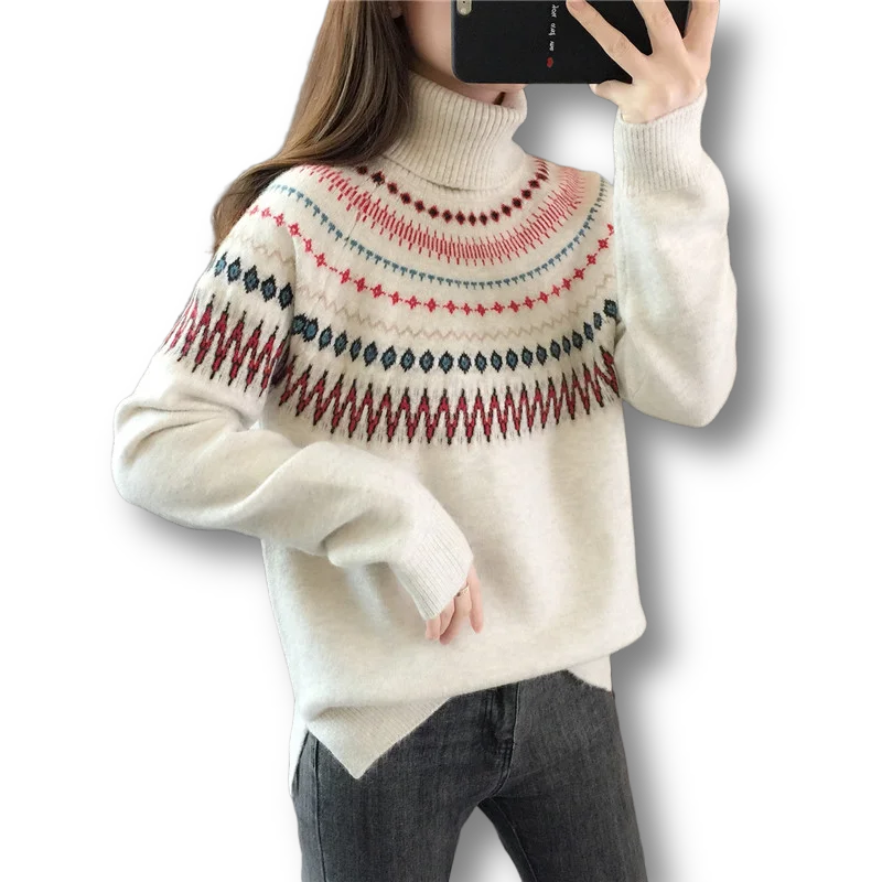 

Vintage Bohemian Thicken Warm Women Sweaters For Winter Turtleneck Loose Casual Printed Knitted Female Pulls Outwear Coats Tops