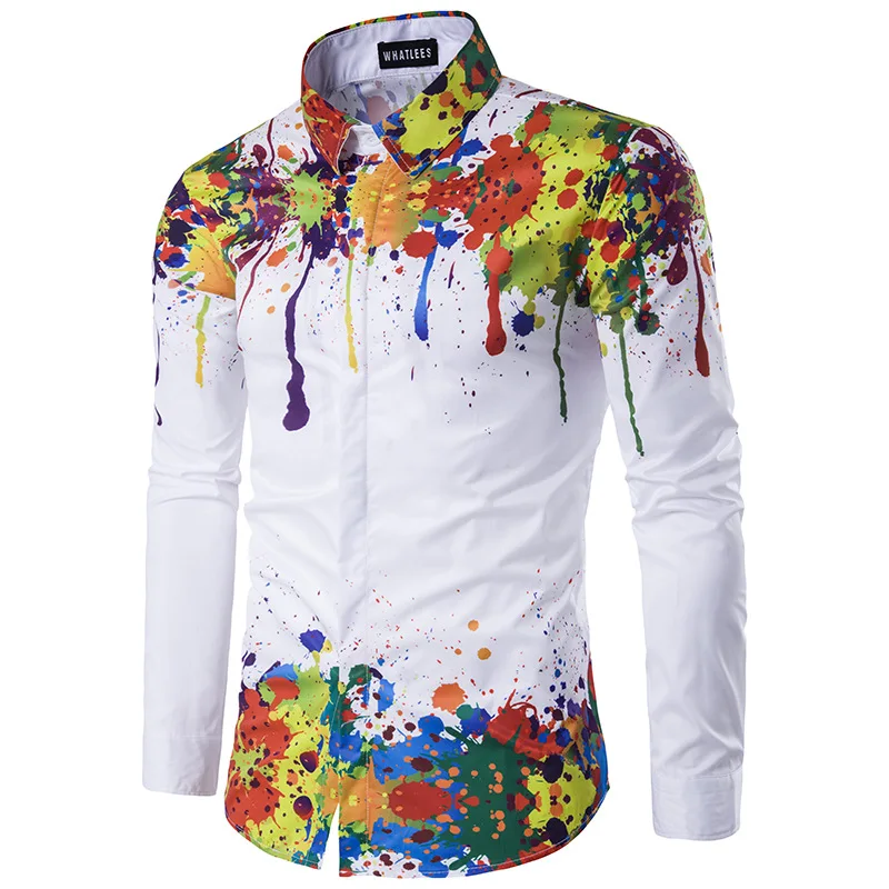 

Mens Splash Ink Graffiti Print Dress Shirt 2021 Brand Long Sleeve Shirt Men Business Casual Chemise Homme Party Wedding Shirts