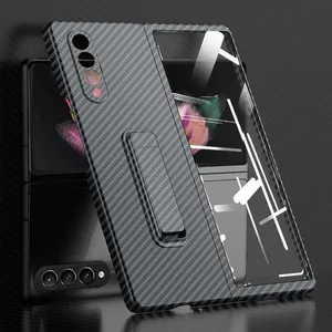 for samsung galaxy z fold 3 case carbon fiber texture pc holder case with front glass screen protector for galaxy z fold3 5g free global shipping