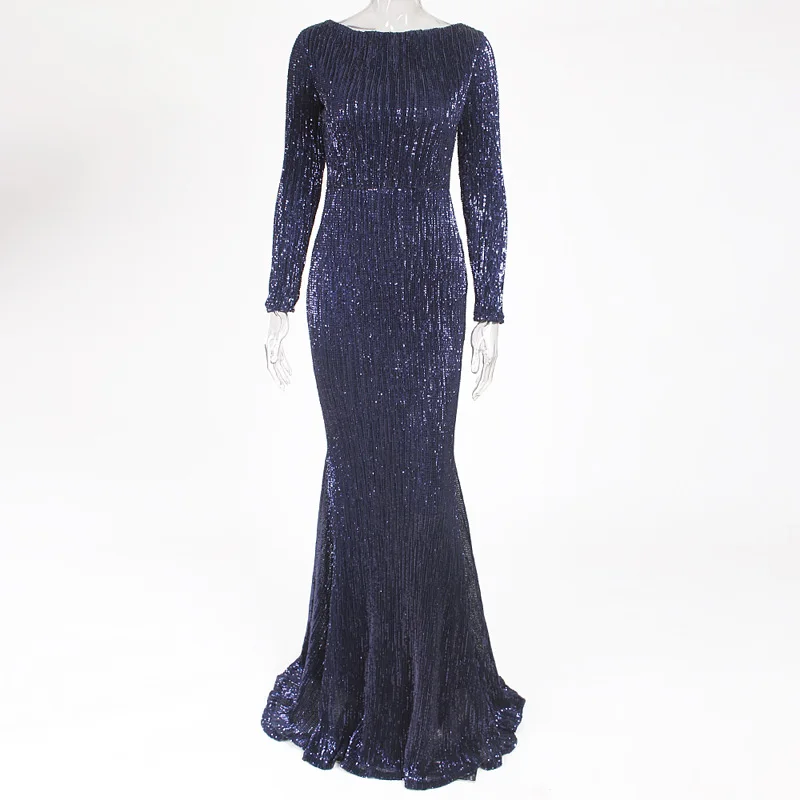 Navy Blue Зеленая полная длина O образным вырезом тугая посылка бедра вечерние платья стрейч блесток Bodycon Полная подкладка клуб золото черный темно синий платье - Цвет: Navy Blue