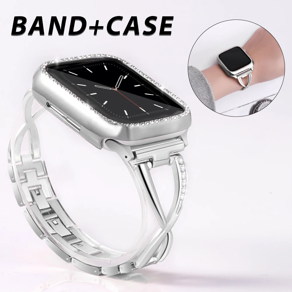 

Strap + Case Suitable for apple watch 5/4/3/2/1 stainless steel crystal diamond bracelet 38mm 40mm 42mm 44mm iwatch metal band
