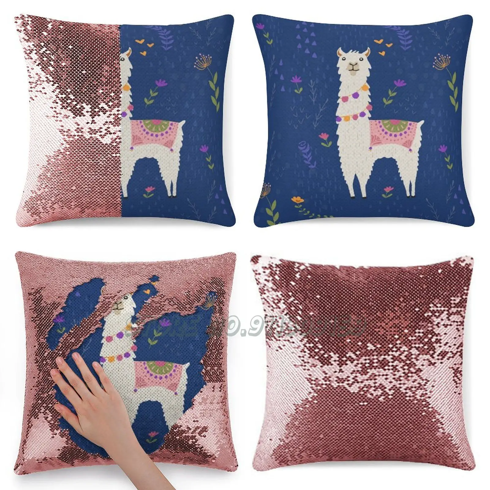 Ламы на синем наволочки с пайетками блеск Реверсивный декоративное покрытие