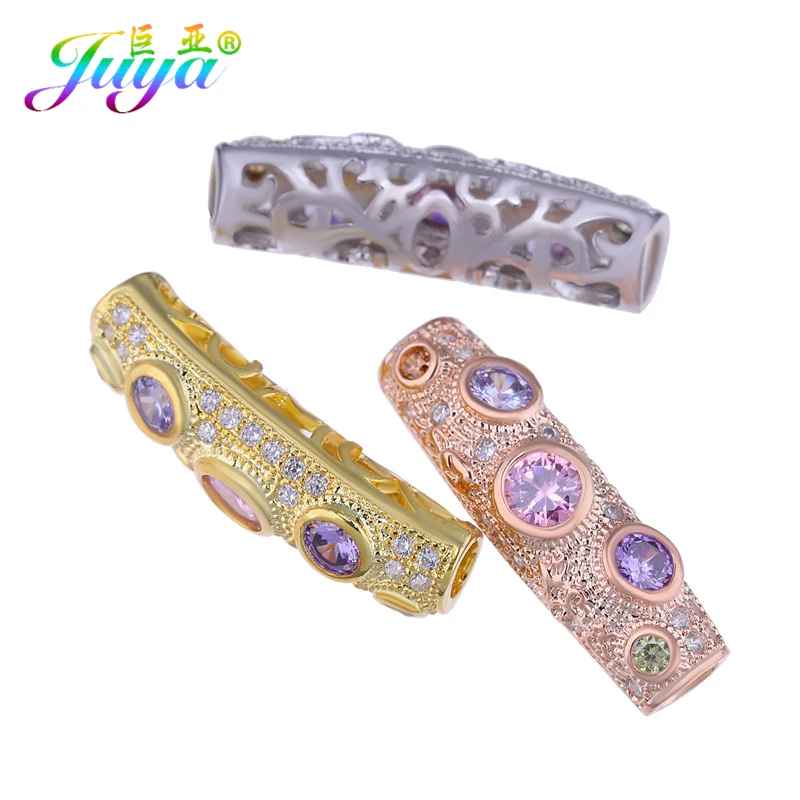 Juya DIY золотые/серебряные/розовые золотые разделительные бусины, поставки, микро проложенные циркониевые изогнутые трубчатые бусины для изготовления ювелирных изделий из натурального камня и жемчуга
