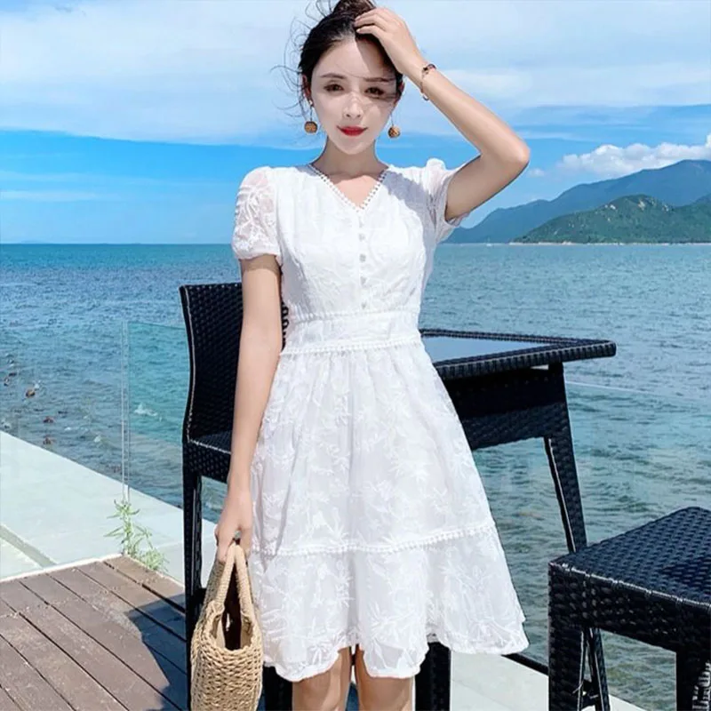 

Women's Spring Summer Style Lace Dress Women's Solid Color V-Neck Embroidery Short Sleeve Hollowe Out Sweet Dress SS3752