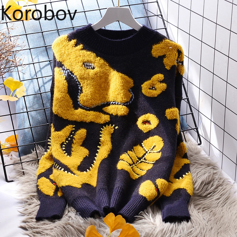 

Korobov Cartoon Women Sweaters 2021 Autumn Winter New Japanese Preppy Style Sueter Mujer Streetwear Oversize Harajuku Jumpers