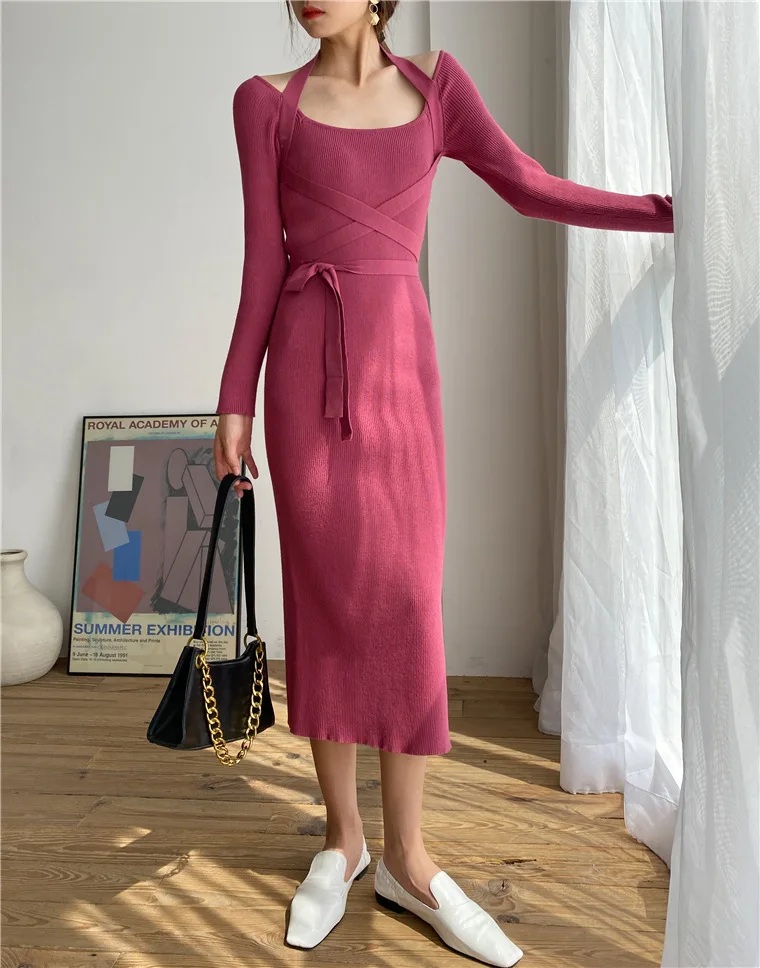 

Dresses Autumn Retro Black off-Shoulder Elegant Slim-Fit Sexy Sheath and Fitted Waist Lace-up Knitted Dress Long Skirt Women