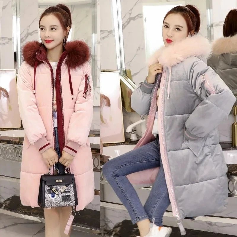 2021 Golden Velvet Winter Down Jacket For Women Hooded False Fur Warm Thicken Female Cotton Long Loose Puffer Jackets | Женская одежда