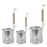stainless steel noodle food strainer with hook and wooden handle strainer basket for dumpling udon vegetables or pasta