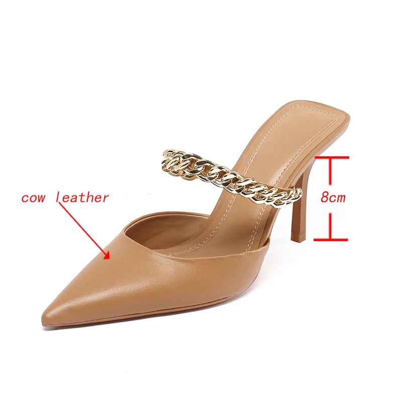 Kanseet Pointed Toe Women Slippers Chain Decoration Summer Shoes Genuine Leather 2021 New Handmade High Heels Slippers Women