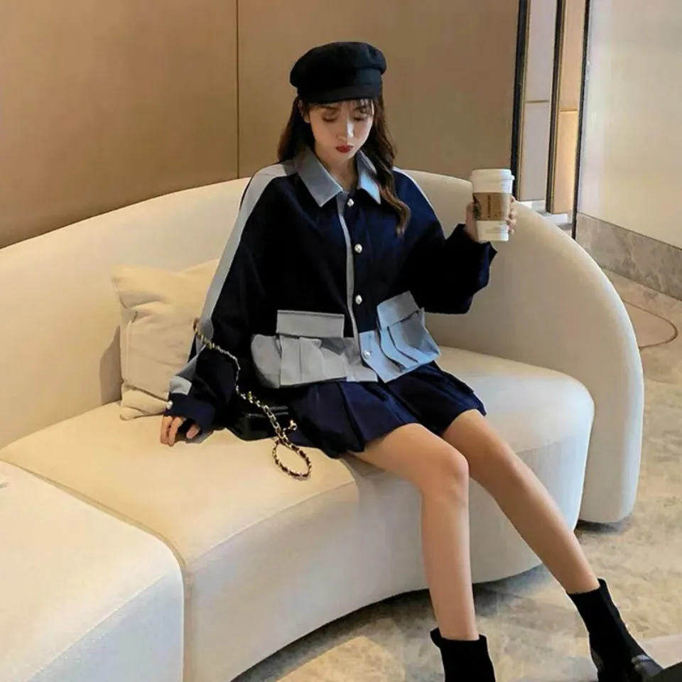 

Spliced Blazer Pleated Skirts Blue Blazers Mini Skirt Suit Ruffles Women Suits Clothing Sets Elegant Fashion Harajuku 2021 Woman