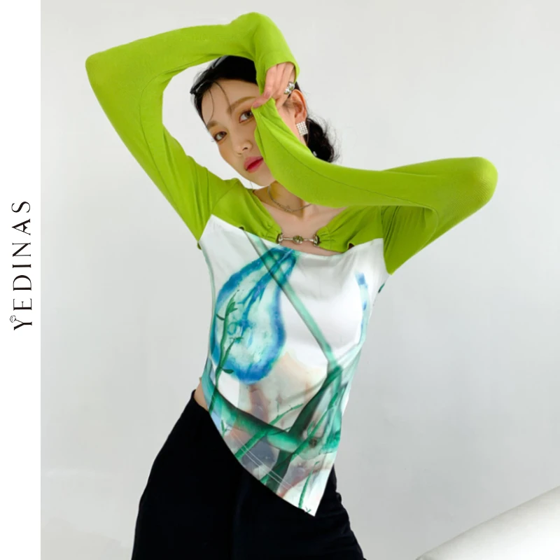 

Yedinas Green Patchwork Asymmetrical Top Long Sleeve T Shirt Women Metal Button Tee Shirts Designer Tshirt Korean Fashion 2021