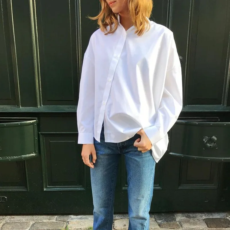 

White Shirt femme Cotton Long Sleeve Turn Down Neck Loose Buttons Chemises Casual Shirt Hauts Tunic boyfriend Streetwear