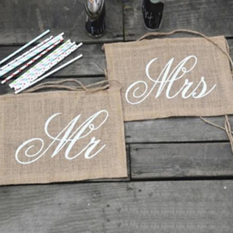 2pcs/pack Mr & Mrs Burlap Chair Banner Set Photography SignsMark Sign Rustic Wedding Party Decorations | Дом и сад