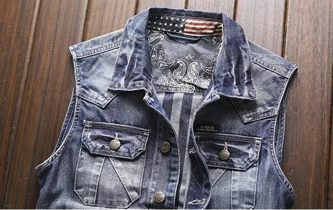 Men Slim Vintage Style Biker Motorcycle Denim Vest Multi Pocket Single Breasted Turn Down Collar High Quality | Мужская одежда