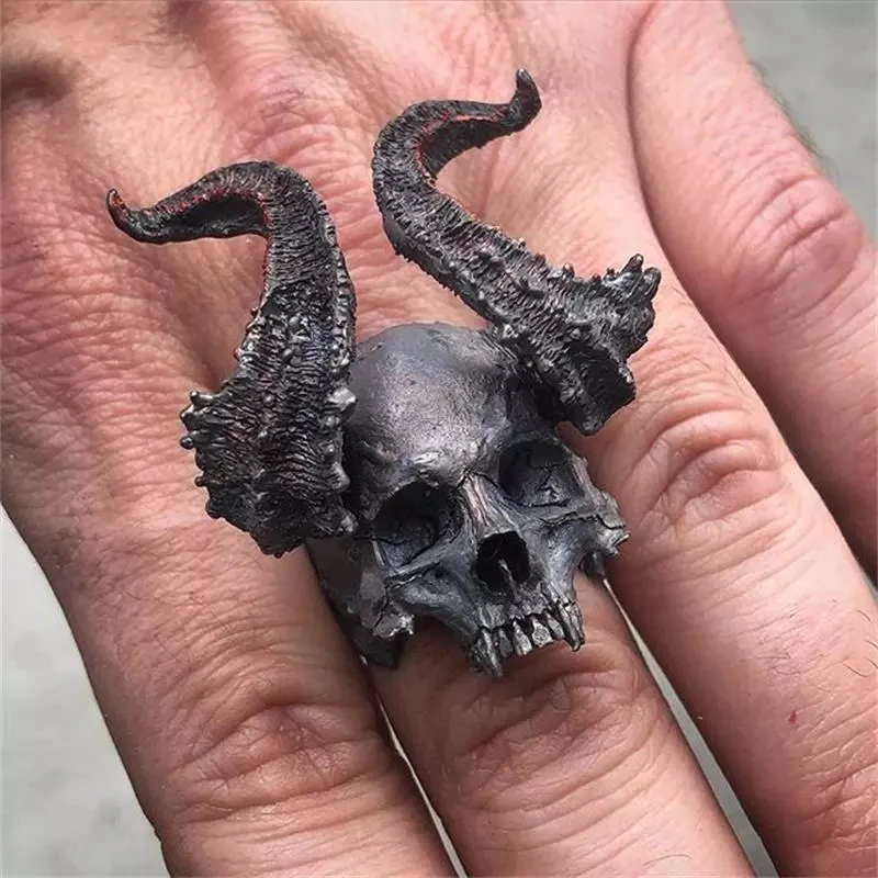 Black Stainless Steel Satan Devil Skull Rounded Horned Punk Locomotive Men's Ring | Rings