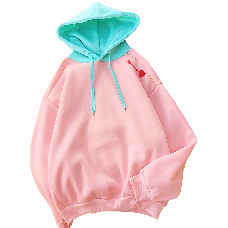 

Female Hooded Sweatshirt Kpop Fleece Spell Color Splicing Crative Heart Printed Casual Korean Fashion Bangtan Boys Hoodies Women