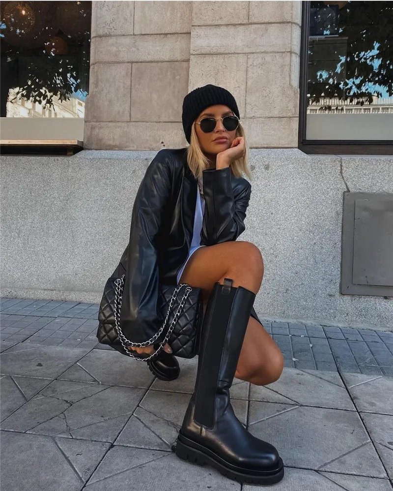 Черный Хай стрит кожаная куртка Сезон осень зима В винтажном стиле с длинным