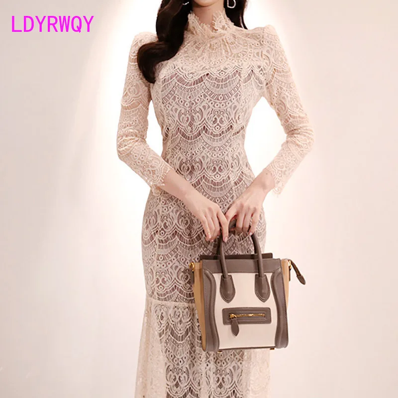 

[LDYRWQY] Spring New Lady Temperament Half-High Collar Slim Slim Thin Mid-length Ruffled Fishtail Lace Dress