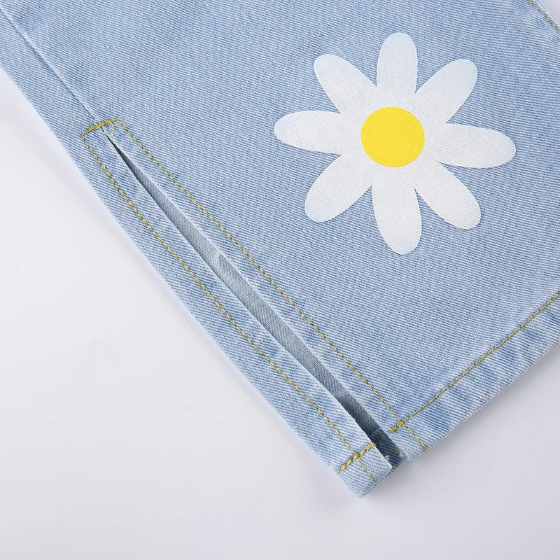 

Straight Jeans Women Wide Leg Pants Ankle Side Split Flower Print Slouchy Full Length Denim Trousers Female Trendy Aesthetic