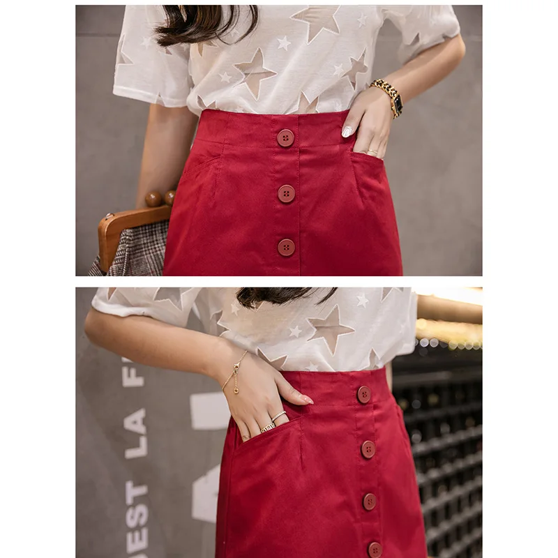 

2021 Summer Knee Length Pencil Skirts Women Button High Waist Black White Split Vintage School Skirt